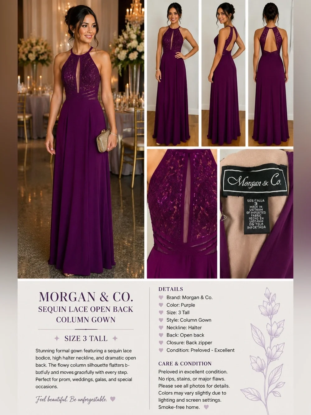 Morgan & Co. Purple Sequin Lace Open Back Formal Gown Size 3 Tall - Picture 1 of 13
